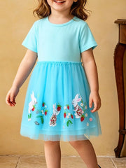Baby blue cotton blend dress with embroidered bunnies and strawberries on a blue tulle skirt.