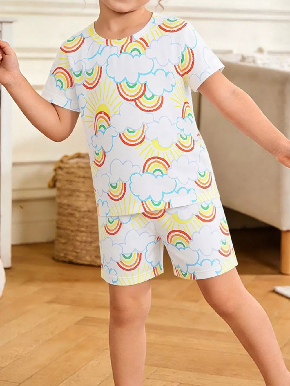 Toddler underwear set with rainbow sun and cloud print, white, short sleeves, shorts