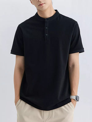 Men's black short sleeve t-shirt with mandarin collar and button placket