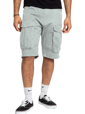 Gray utility bermuda shorts with multiple cargo pockets and extended fit.