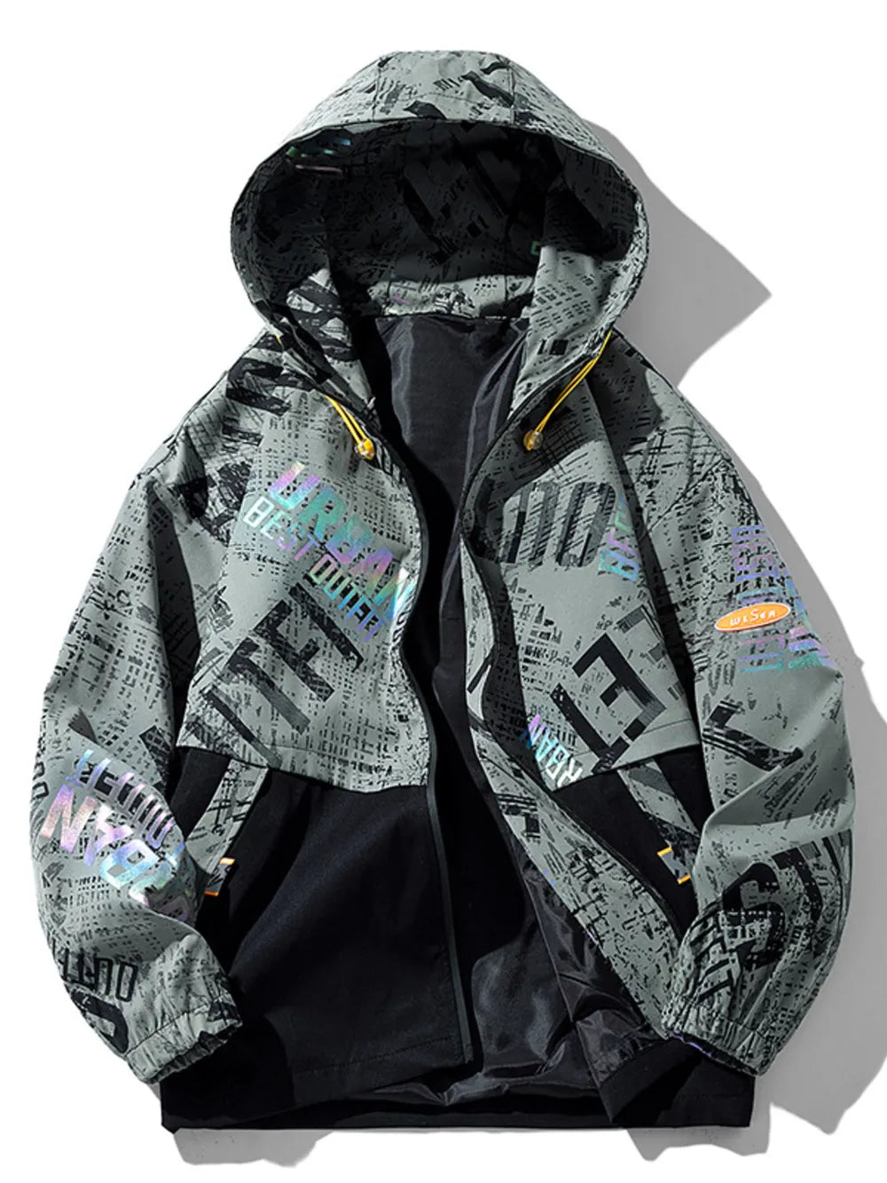 Plus size hooded parka in dark gray with abstract text print and black paneling.