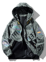 Plus size hooded parka in dark gray with abstract text print and black paneling.