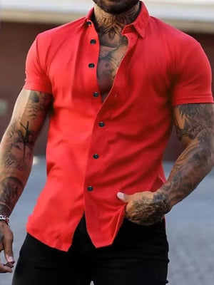 Men's red slim fit short sleeve button-down shirt with black buttons