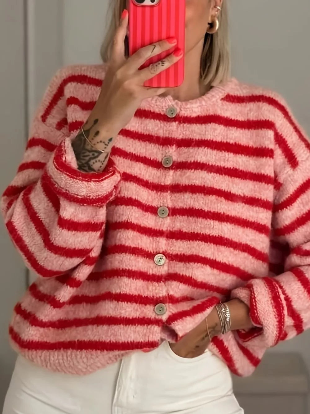 light pink cardigan with striped and round neck