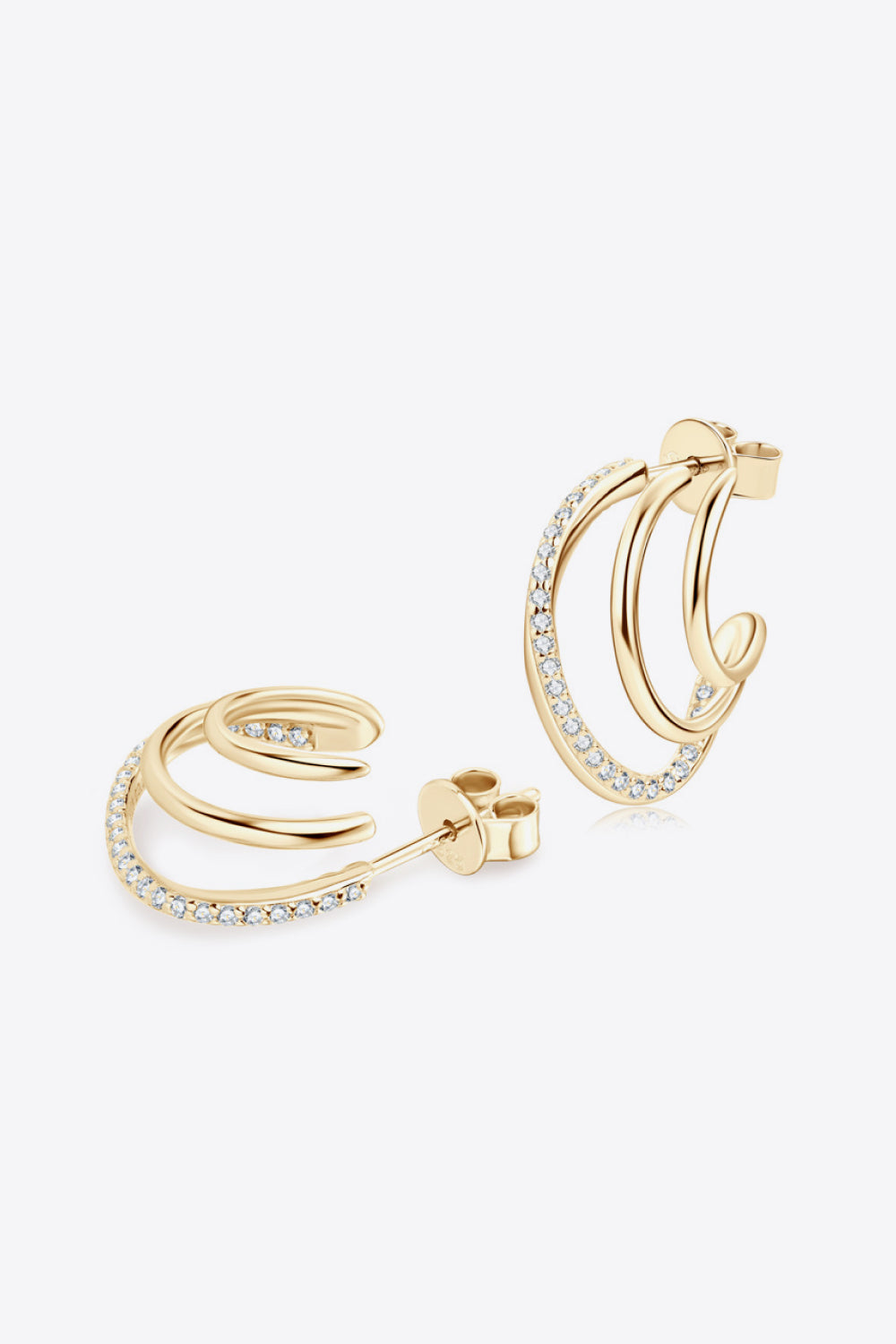 Gold triple hoop diamond stud earrings with pavé diamond accents
