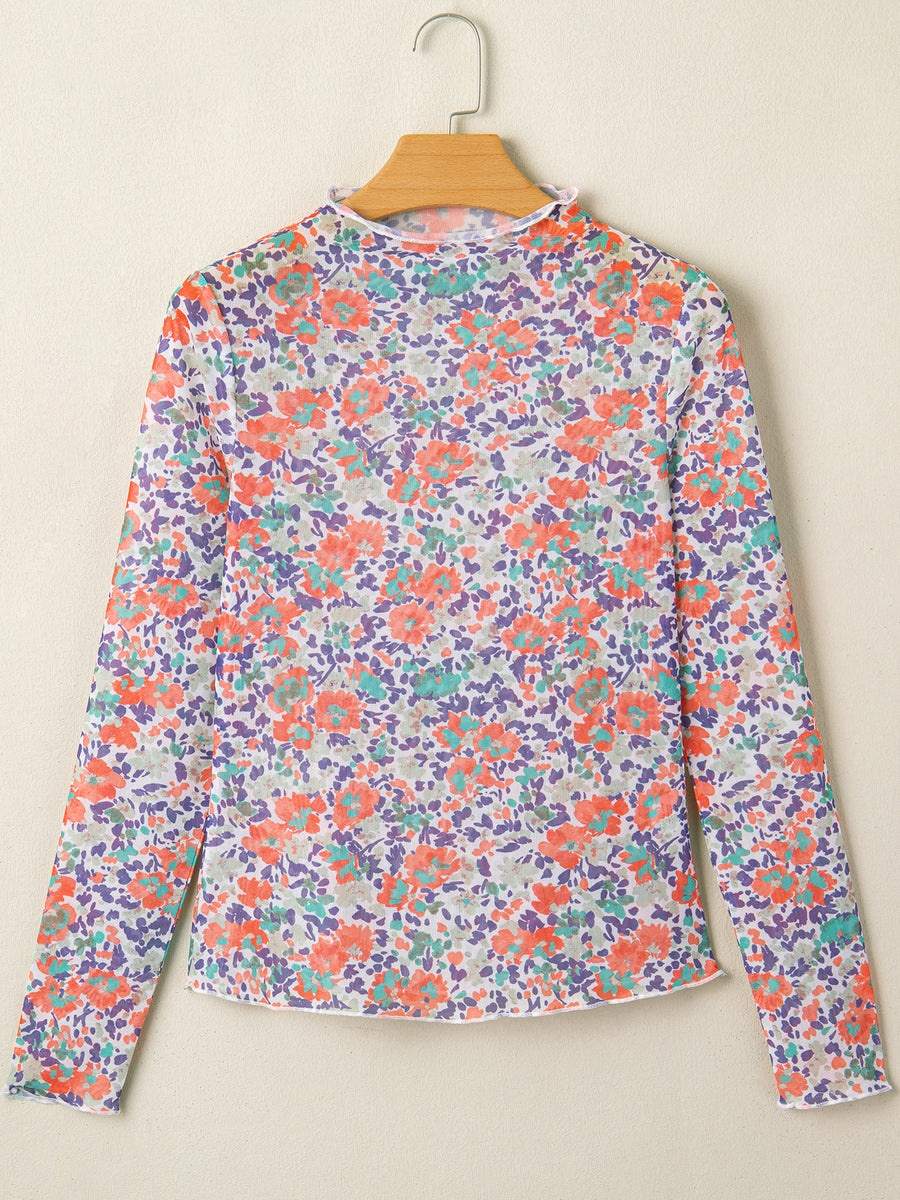 blouse in lavender with floral and sheer