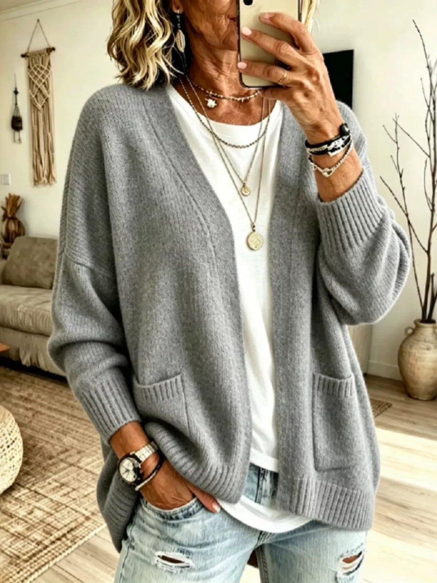 Gray Open Front Knit Cardigan With Pockets