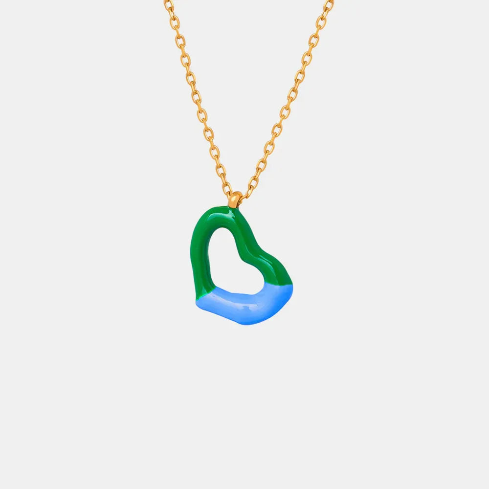 Two-tone heart enamel necklace with gold chain, green and blue design.