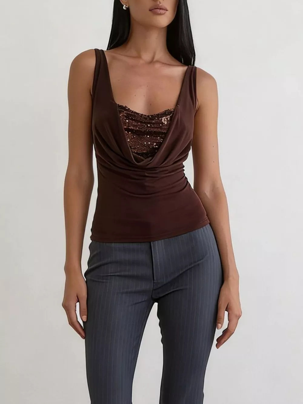 Dark brown sequin ruched cowl neck tank top with a draped neckline.