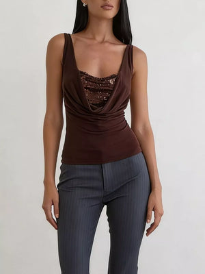 Dark brown sequin ruched cowl neck tank top with a draped neckline.