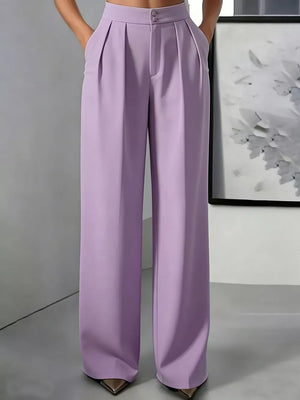 Button-down Pleated Pants in Light Gray with high-waisted