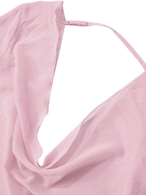 Pink chiffon mini dress with draped fabric and backless detail.