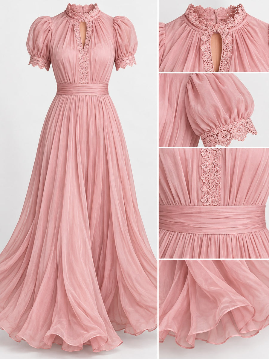 Elegant Sheer Chiffon Mock-Neck Maxi Dress in Pink with lace detail