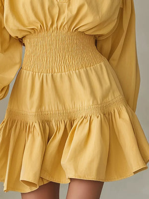 romantic mini dress in mustard yellow with collared