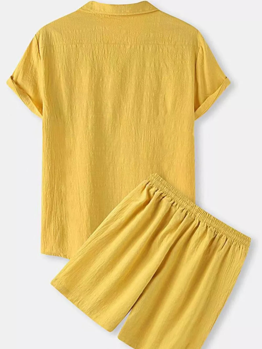 Yellow linen blend short sleeve shirt and elastic waist shorts set