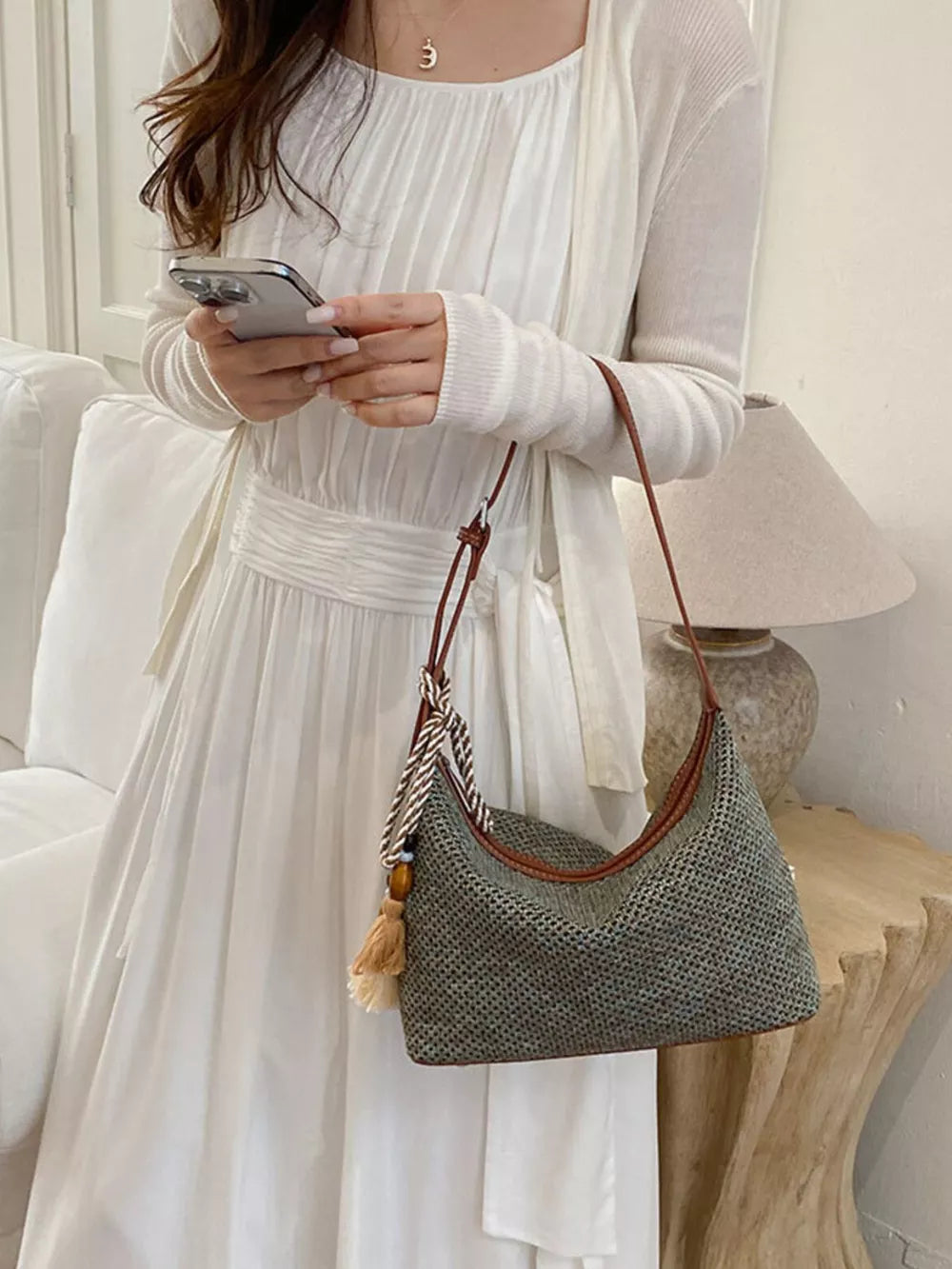 Woven Small Shoulder Bag With Tassel in Sky Blue