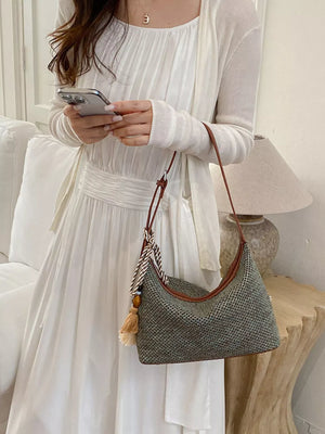 Woven Small Shoulder Bag With Tassel in Sky Blue