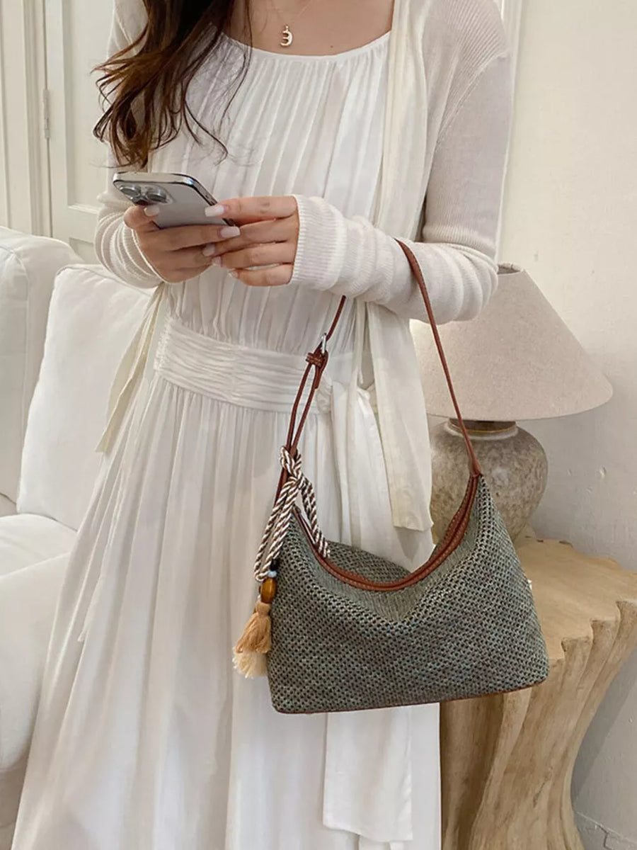 Woven Small Shoulder Bag With Tassel in Sky Blue