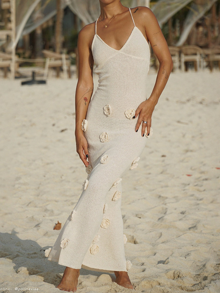 Beige knit maxi dress with 3D floral appliques and spaghetti straps