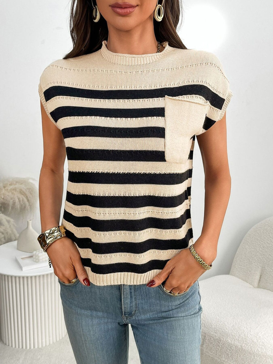 Striped knit sweater with pocket in black and khaki, crew neck, cap sleeves.