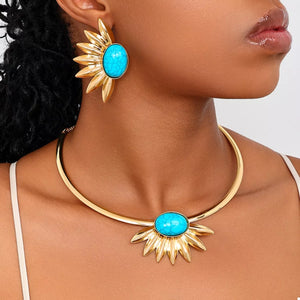 Gold sunflower jewelry set with turquoise stone earrings and necklace