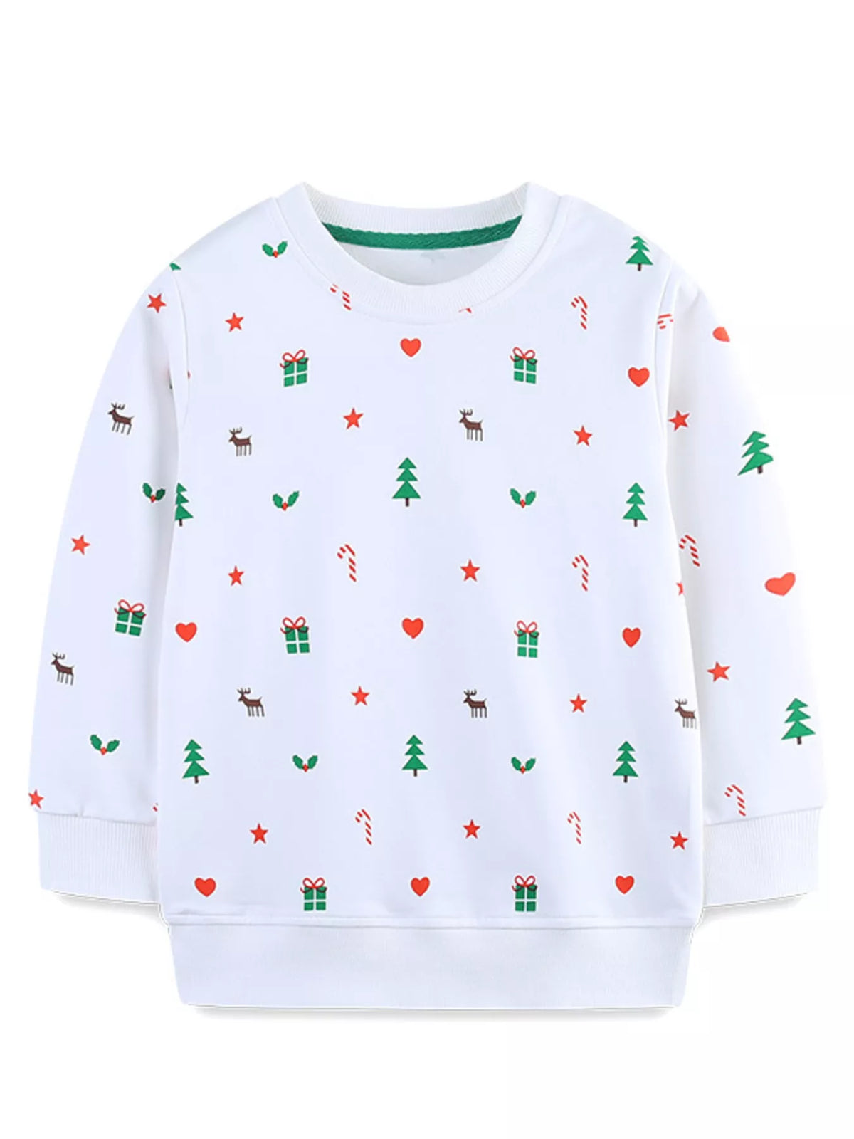 White crew neck sweatshirt with allover Christmas print of trees, gifts, and reindeer.