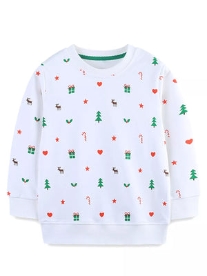 White crew neck sweatshirt with allover Christmas print of trees, gifts, and reindeer.