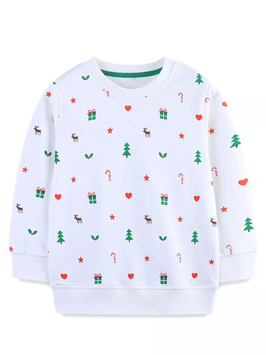 White crew neck sweatshirt with allover Christmas print of trees, gifts, and reindeer.