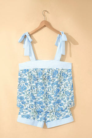Blue floral print cami top and shorts set with tie straps and striped trim.