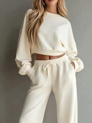 athleisure lounge set in White with round neck