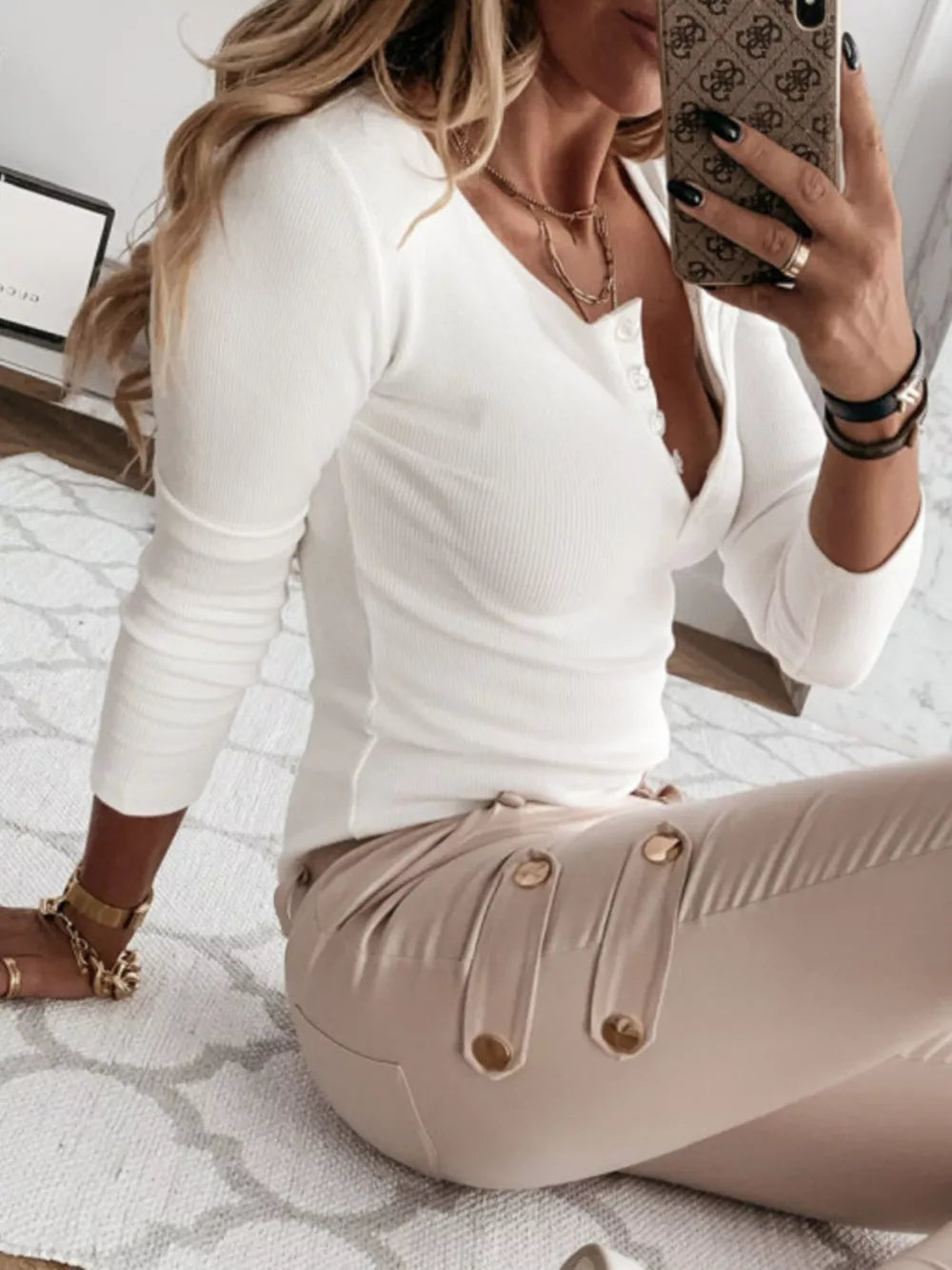 Apricot Ribbed Henley Long Sleeve T-shirt