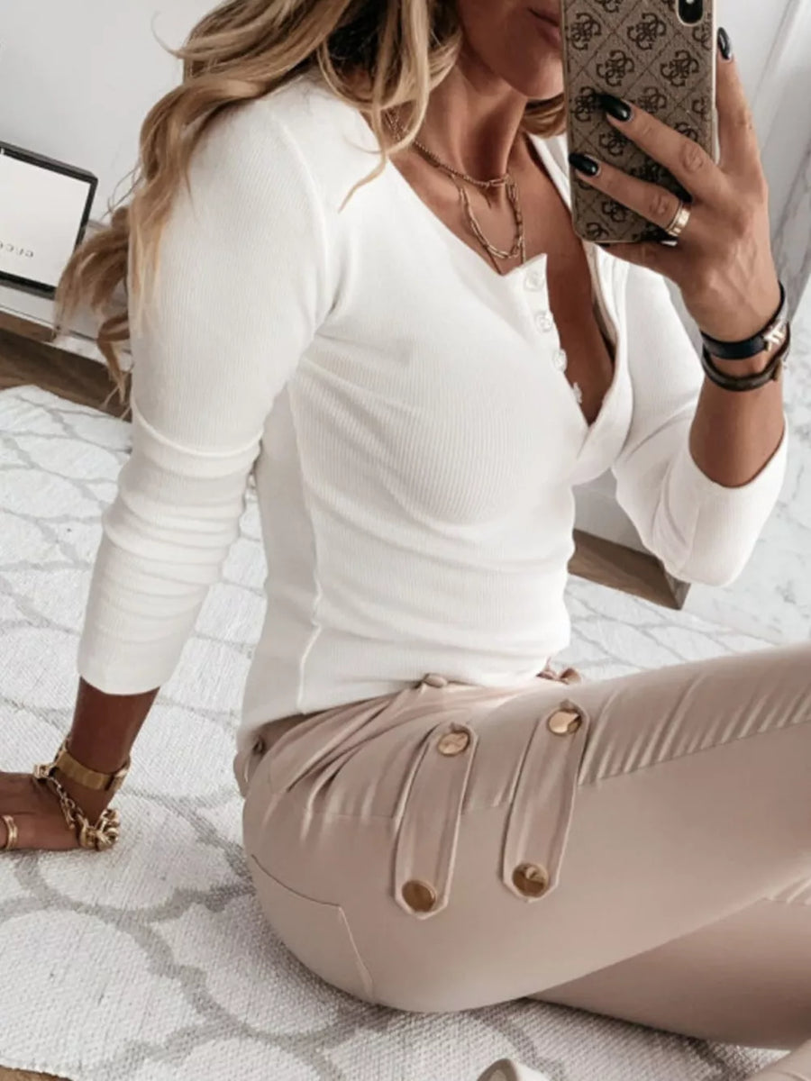 Apricot Ribbed Henley Long Sleeve T-shirt