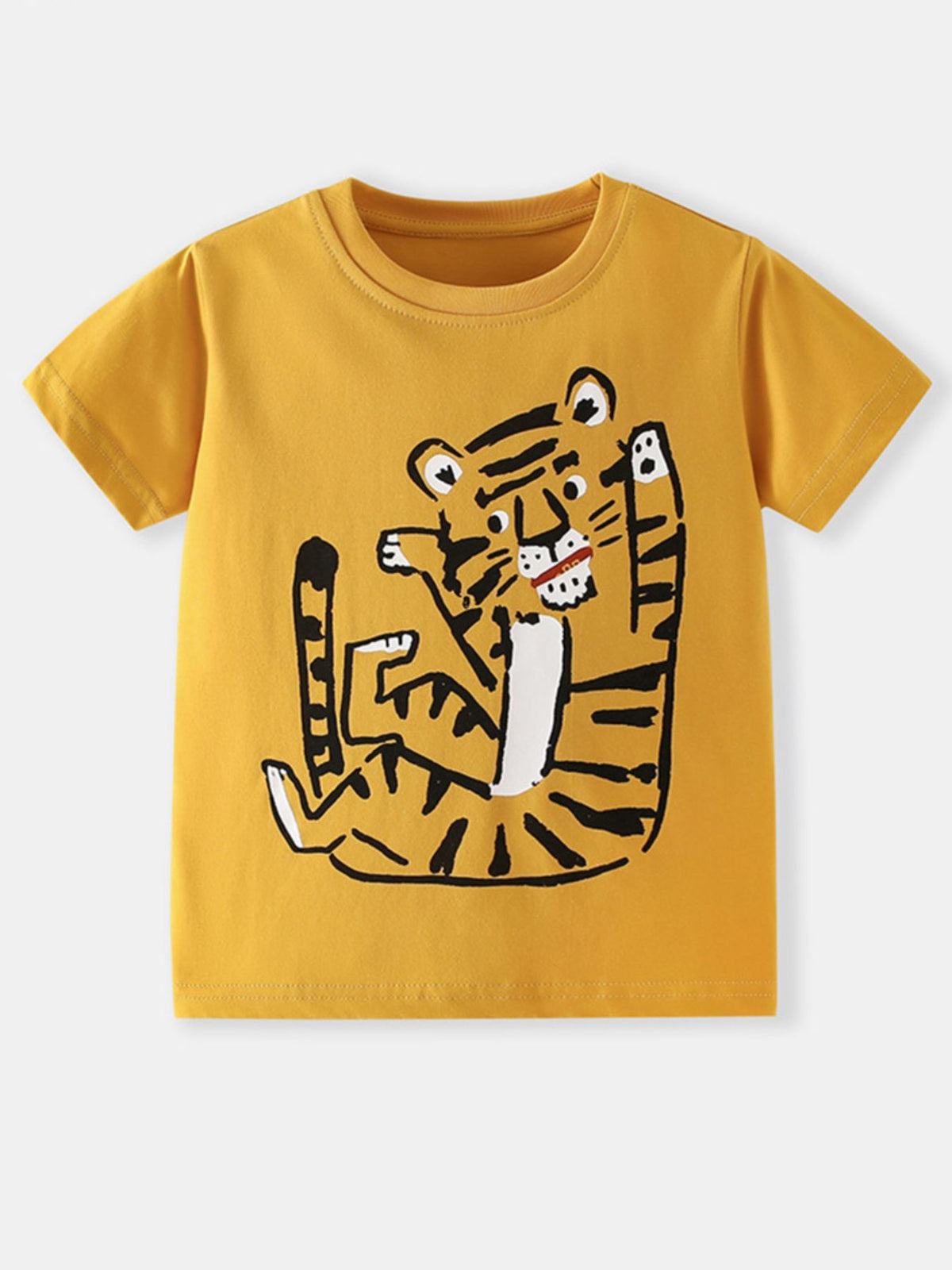 Toddler yellow cotton crew neck t-shirt with a playful tiger graphic.