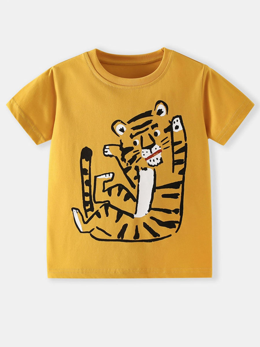 Toddler yellow cotton crew neck t-shirt with a playful tiger graphic.