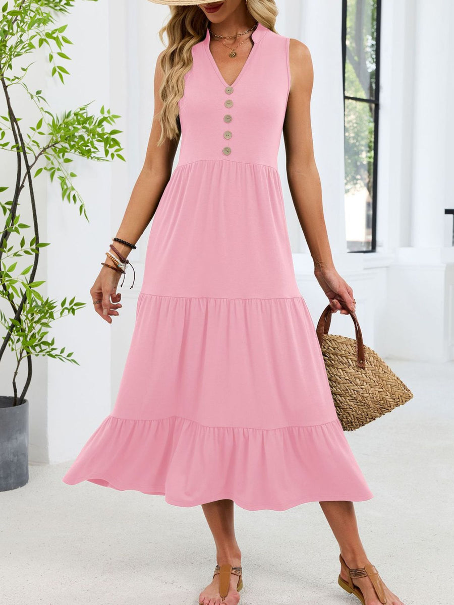 Pink tiered midi dress with notched V-neck and decorative buttons