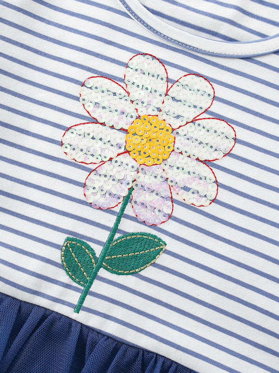 Toddler dress with sequin flower applique on blue and white striped cotton, with tulle skirt.