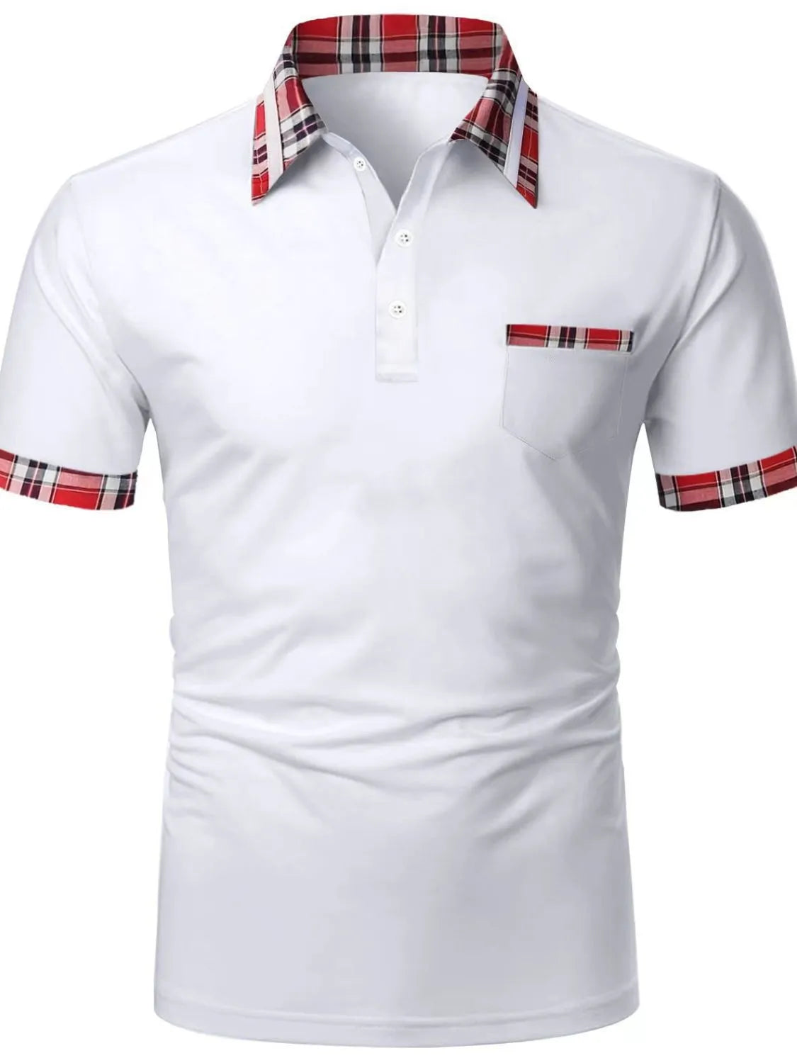 White polo shirt with plaid collar, pocket and sleeve trim.