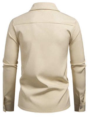 Men's khaki long sleeve shirt with classic collar and buttoned cuffs.