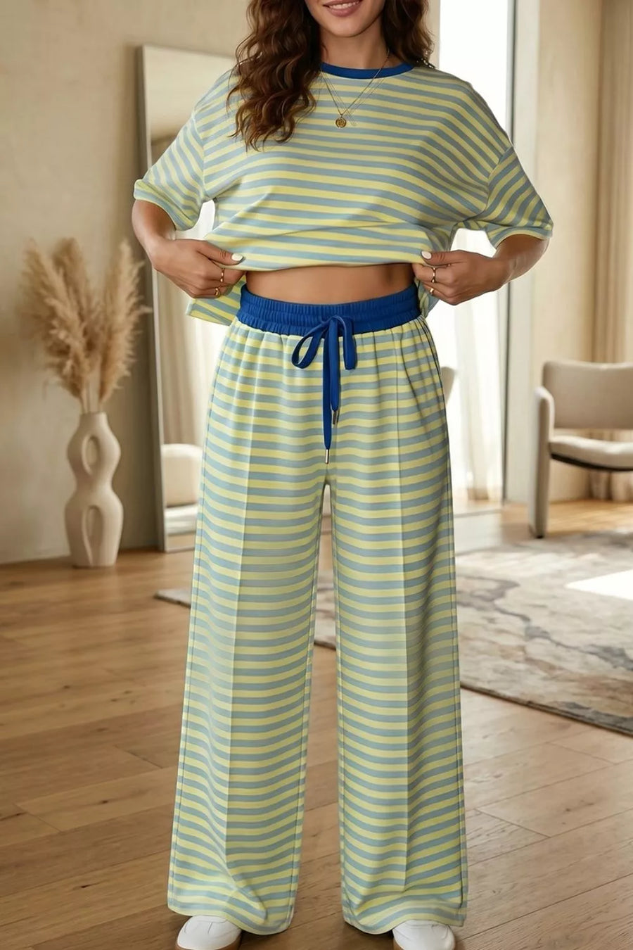 sky blue pajama set featuring drawstring and striped