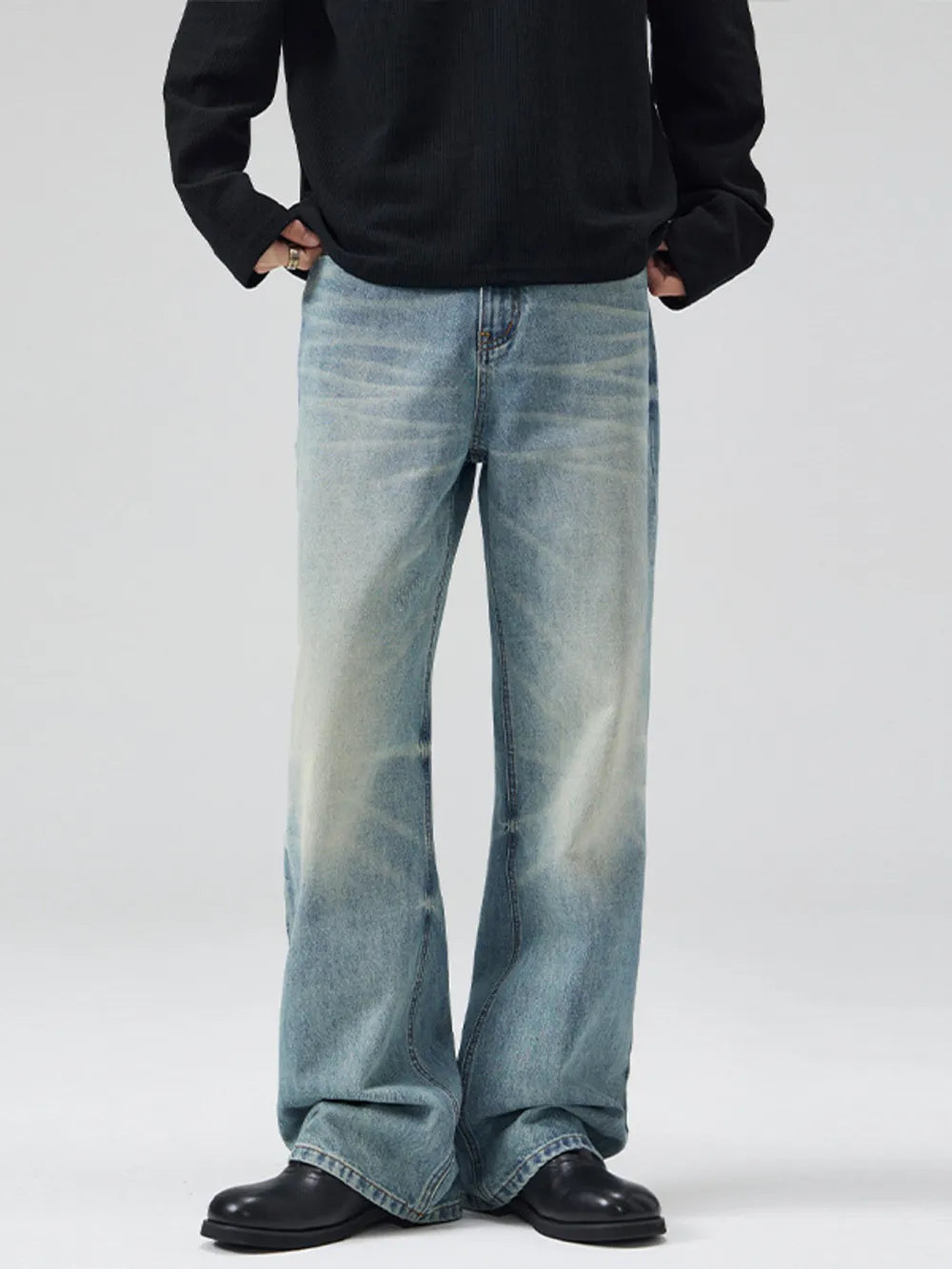 Black Men's Vintage Wash Flare Jeans Plus Size