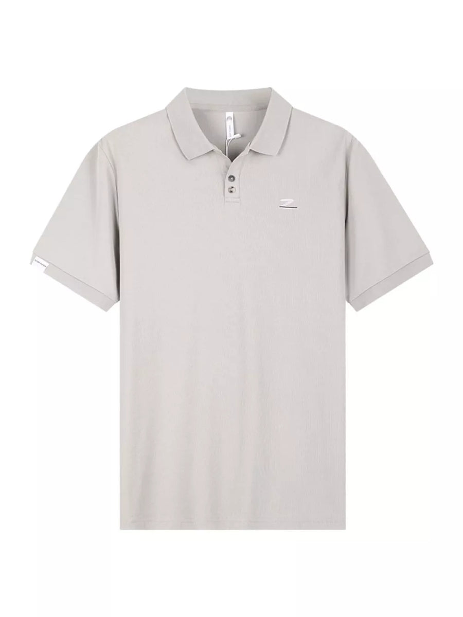 Light gray textured casual polo shirt with button accents and short sleeves.