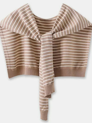 Camel breton stripe sweater with tie-front detail and acrylic knit.