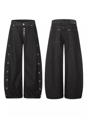Black wide-leg jeans with full-length and button-front