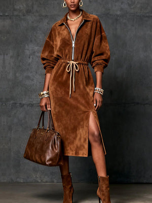 100% polyester Care instructions: Machine wash cold midi dress in Brown with relaxed silhouette