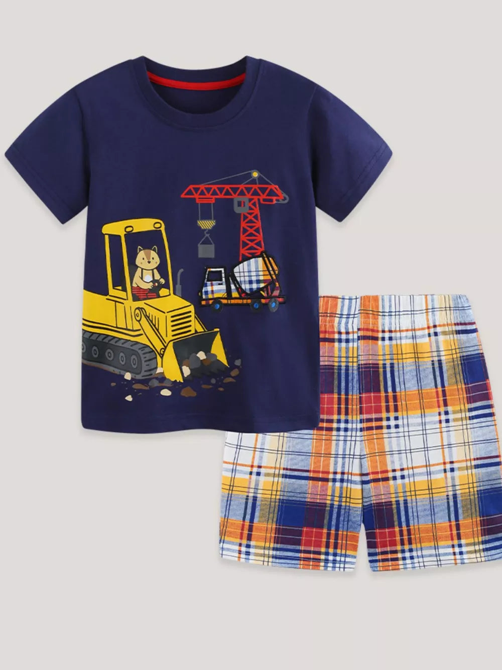 Boys' navy cotton construction graphic tee with plaid shorts set.