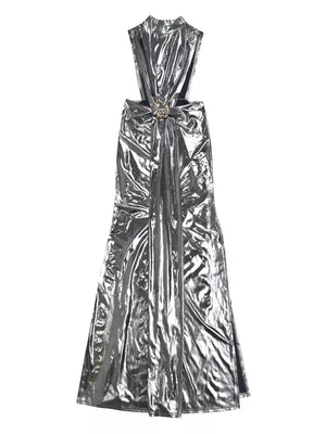 glam maxi dress in silver with mock neck