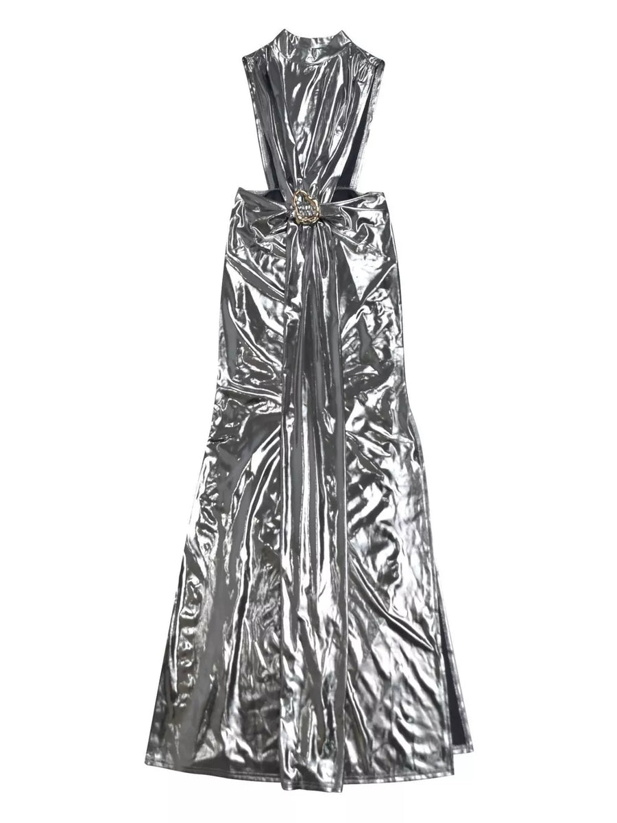 glam maxi dress in silver with mock neck