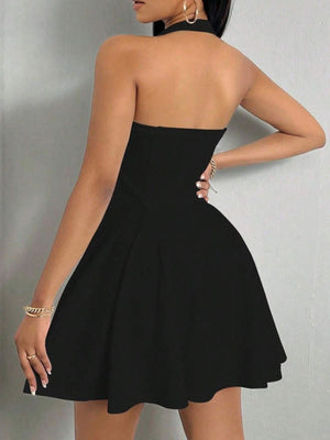 Halter Neck Sleeveless A-Line Mini Dress in Rose with halter neck