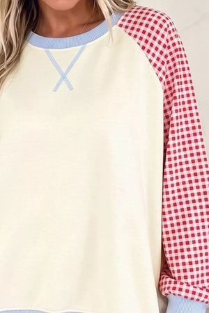 Burnt Coral with Plaid Raglan Sleeve Sweatshirt
