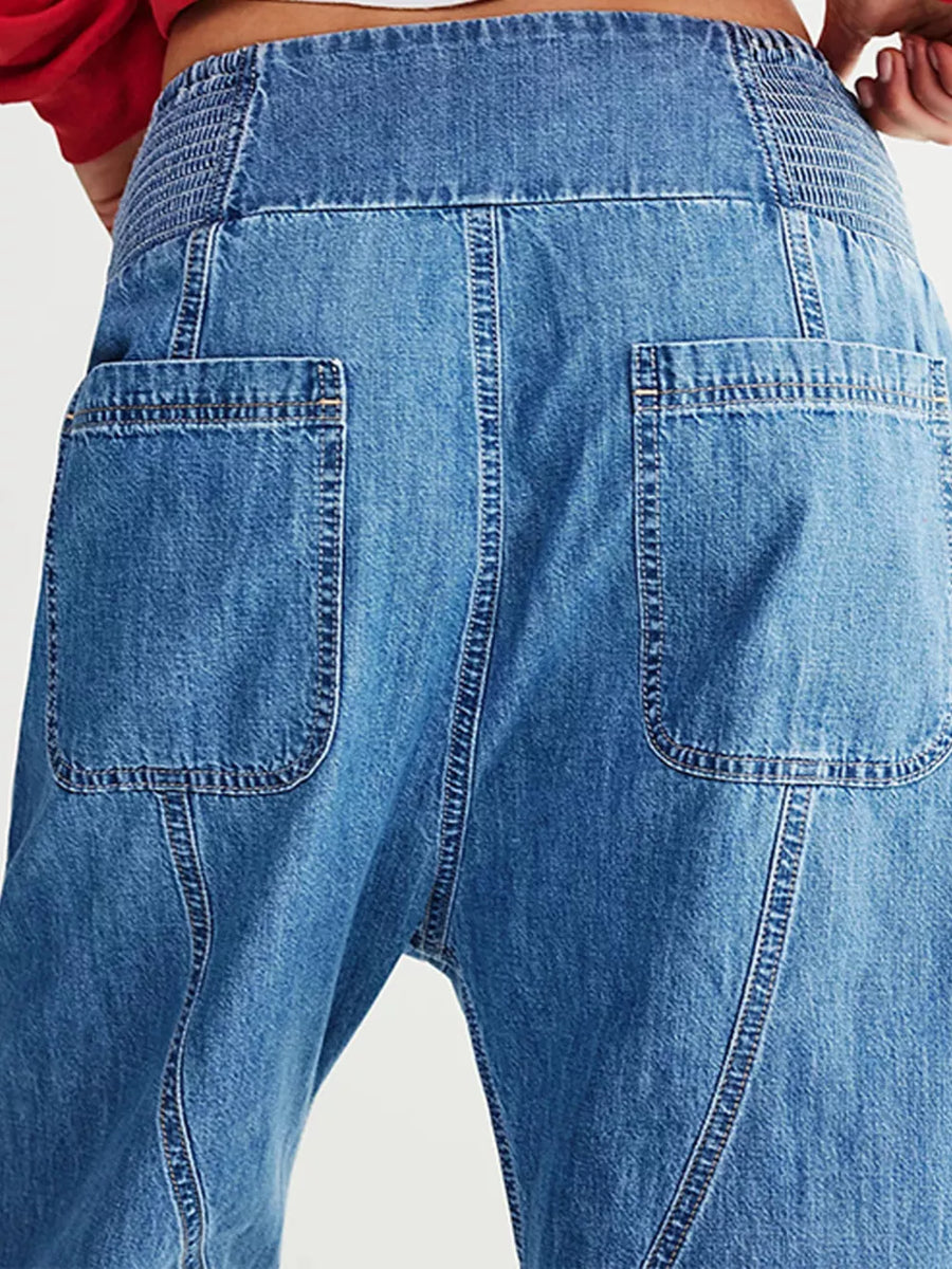 Smocked High-waisted Wide Leg Jeans in Khaki with washed